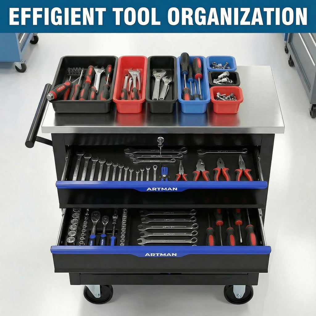 4-Drawer Rolling Tool Chest, Stainless Steel Countertop Mobile Tool Cabinet with Key Lock, 360° Swivel Wheels & Padded Feet, Portable Tool Storage Box for Home Garage Workshop, Black & Blue