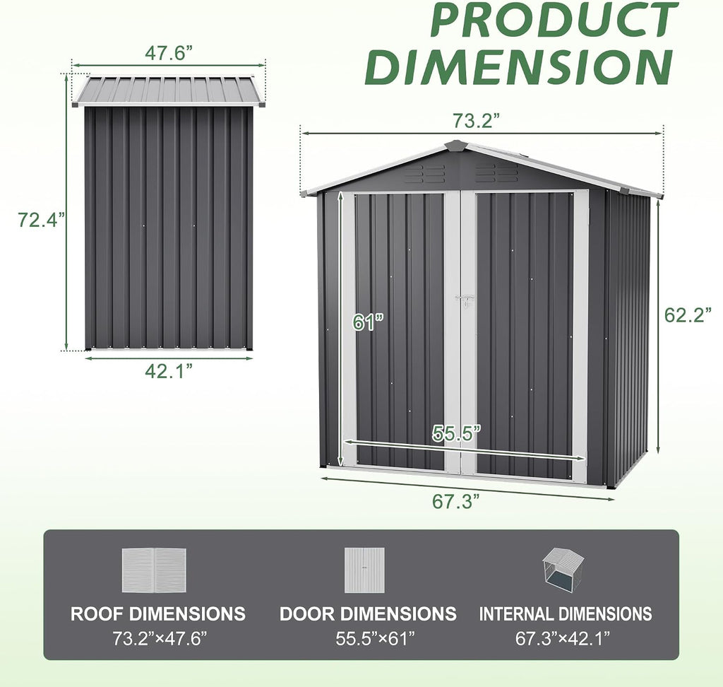 6x4 FT Shed Outdoor Storage Metal Large Garden Tool Sheds with Lockable Doors Slooping Roof Floor Frame Waterproof Steel Utility Equipment Shed for Backyard Patio Lawn Poolside, Grey