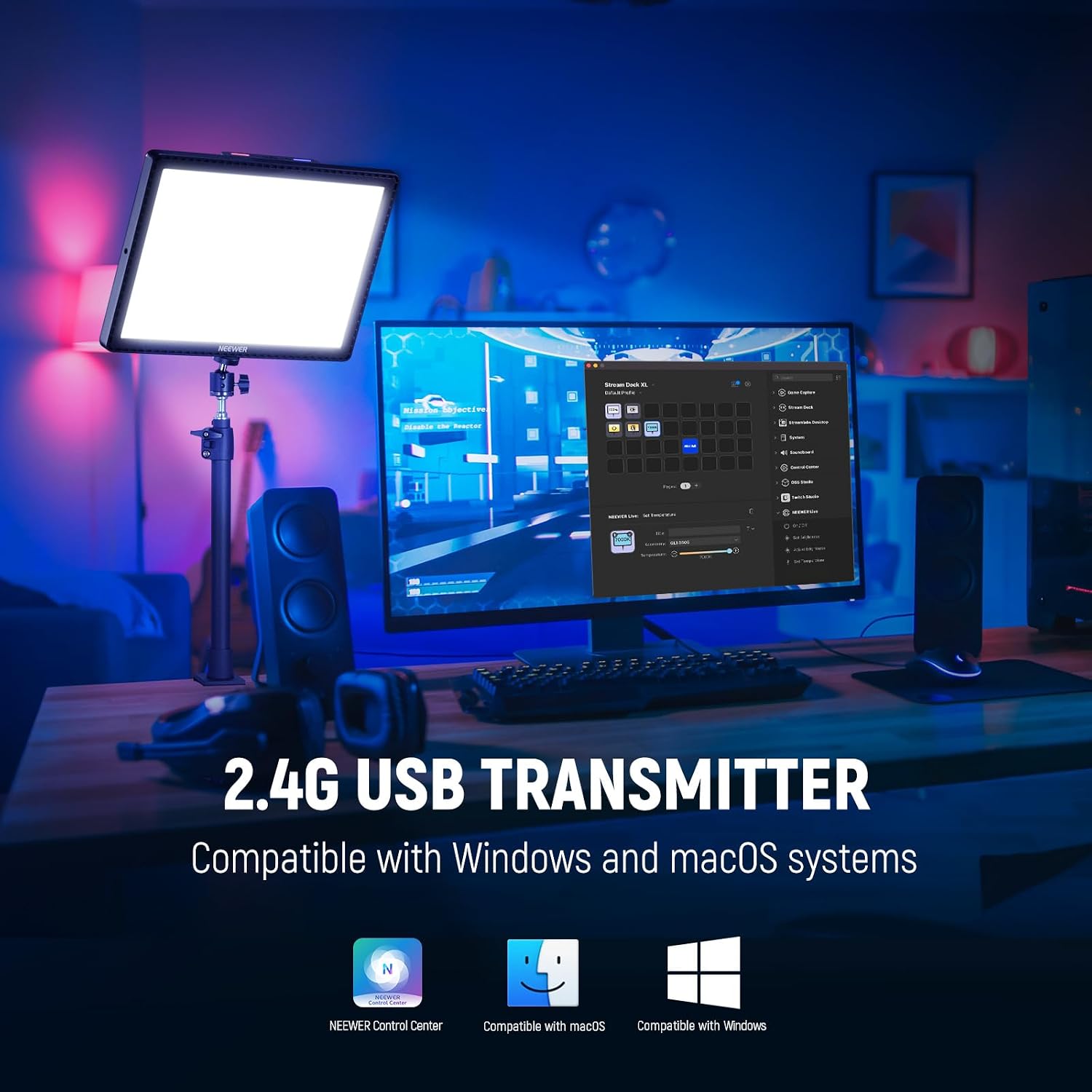 NEEWER 15.5' LED Streaming Key Light, Clamp on Desk Panel Video Lighting for Gaming Recording Zoom Call, CRI97+, 2.4G PC/Mac iOS/Android APP Control, Compatible with Elgato Stream Deck, GL1 PRO Black