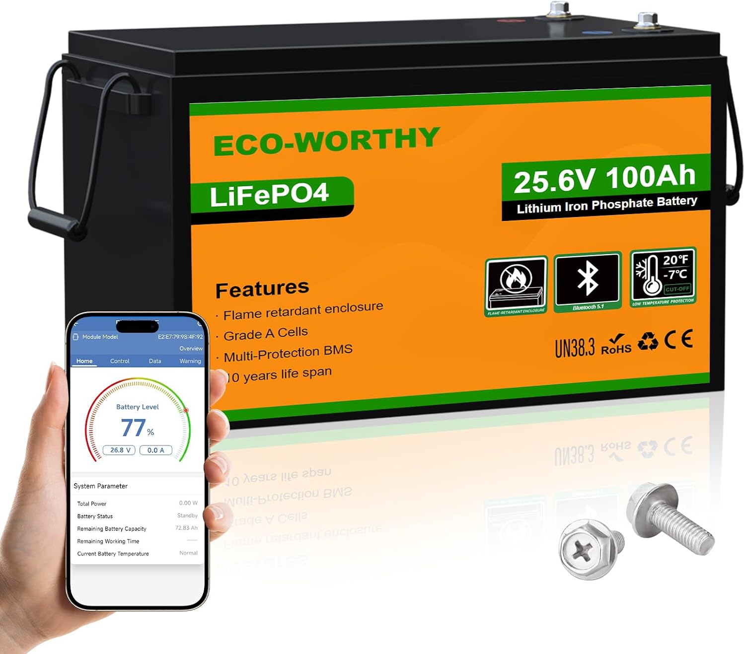ECO-WORTHY 24V 100Ah LiFePO4 Lithium Battery, Upgraded Bluetooth Version, Deep Cycle Rechargeable Battery with Low-Temp Protection, 2560W Max for Off-Grid Solar, RV, Camper, Trolling Motor, Home Use