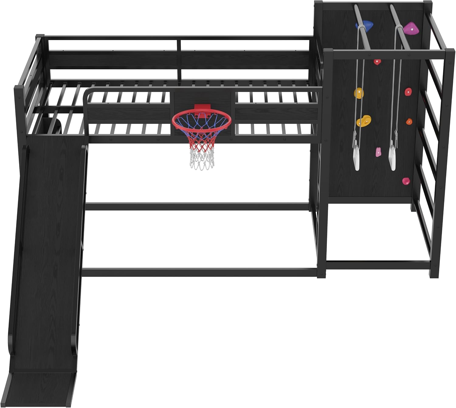 SOFTSEA Twin Size Metal Loft Bed with Slide, Heavy Duty Bunk Bed with Basketball Hoop, Climbing Wall & Pull Up Rings for Kids Teens Adults, Basketball Slide Bed, No Noise, Black