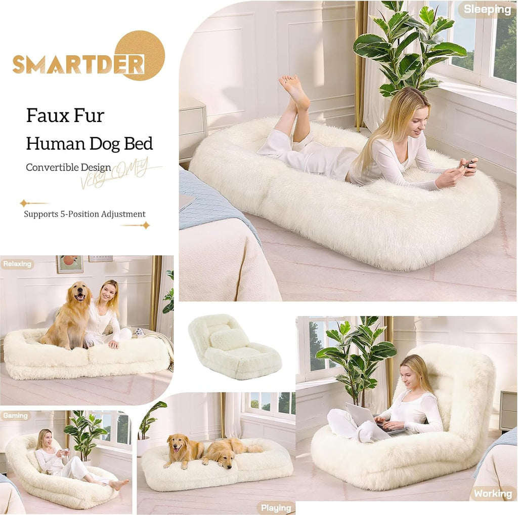Adjustable Plush Human Dog Bed Lounger for Adult, 5-Position Foldable Lazy Lounge Sofa, Large Size Bean Bag Chair with Pillow, Folding Floor Chair for Living Room, Bedroom, Gaming Room, Beige