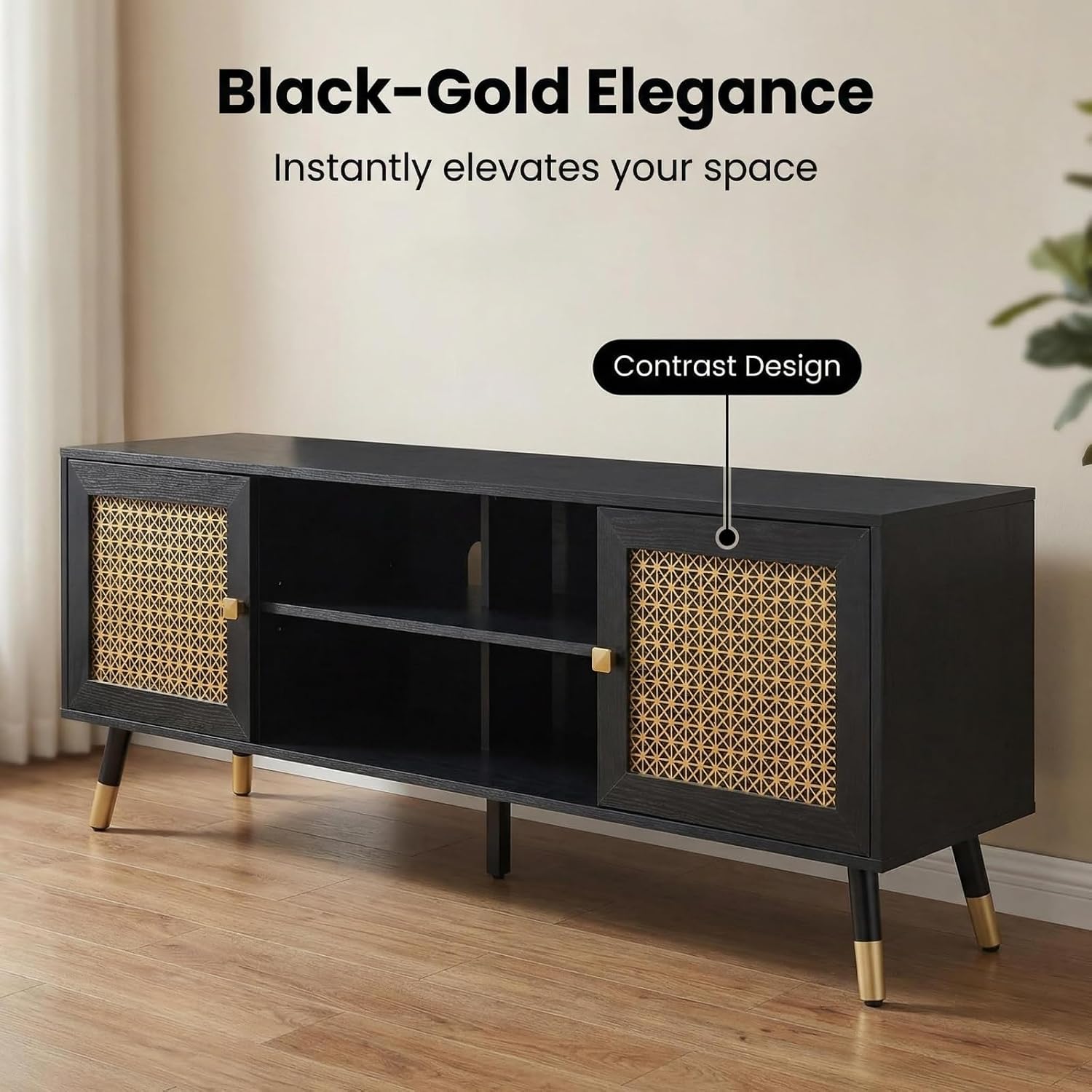 JYED DECOR Black TV Stand for 75 inch TVs, 66' Mid Century Modern Media Console, Long Entertainment Center with Storage Cabinet for Living Room