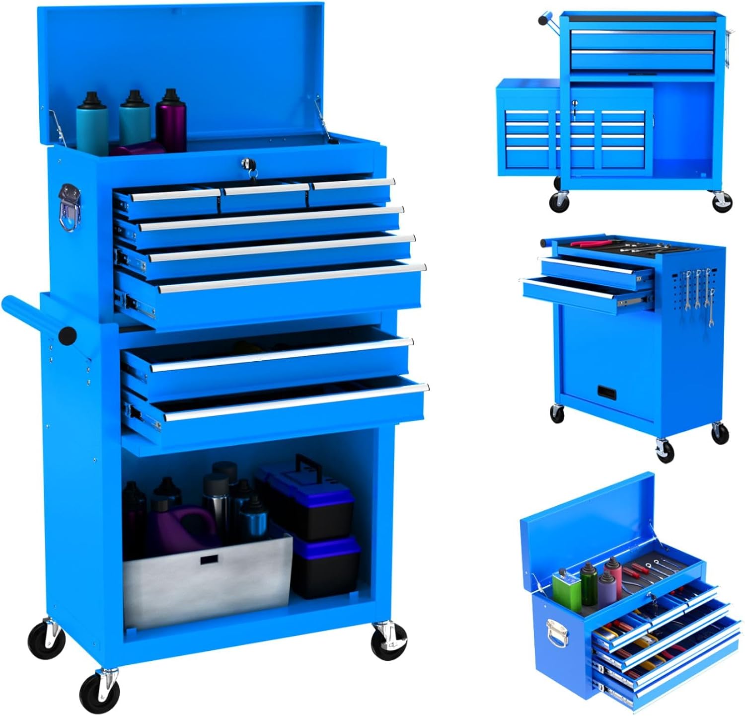 8-Drawer Rolling Tool Box, Lockable Rolling Tool Chest with Wheels and Drawers, 2 in 1 Large Capacity Storage Tool Cabinet for Warehouse, Garage, Tool Room and Repair Shop (Blue)
