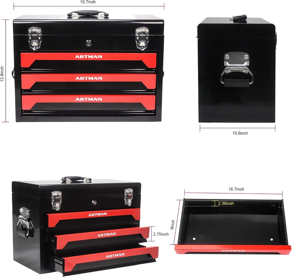 439-Piece Mechanic Tool Set in Heavy-Duty 3-Drawer Steel Box with 4-Tier Socket, Wrenches & Pliers. Portable Household Tool Kit Organizer Case for Auto Repair, Garage, Workshop. Red