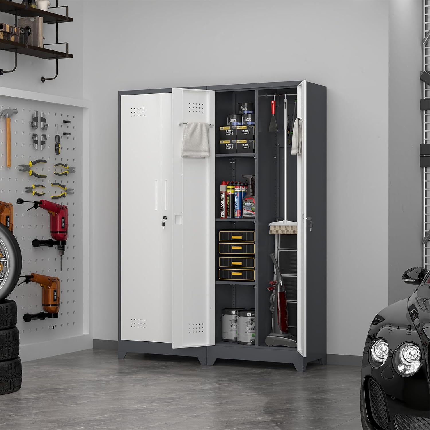65' H Metal Garage Storage Cabinets with Doors and Shelves, Locking Cabinet, Broom Closet Storage Cabinets with Hanging Rod, Functional Tool Cabinet for Home, Garage, Kitchen