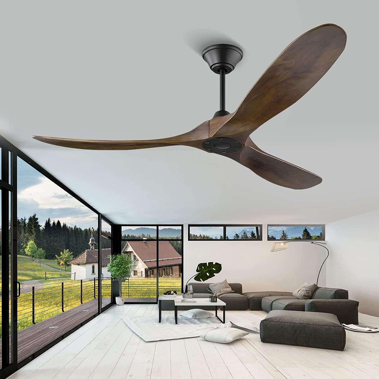 Wood Ceiling Fan without Light, 60 Inch Indoor Outdoor Ceiling Fan with Remote no Light, 3 Blade Large Airflow Propeller Fan for Farmhouse Patios Gazebo, Reversible DC Motor, 3 Downrods