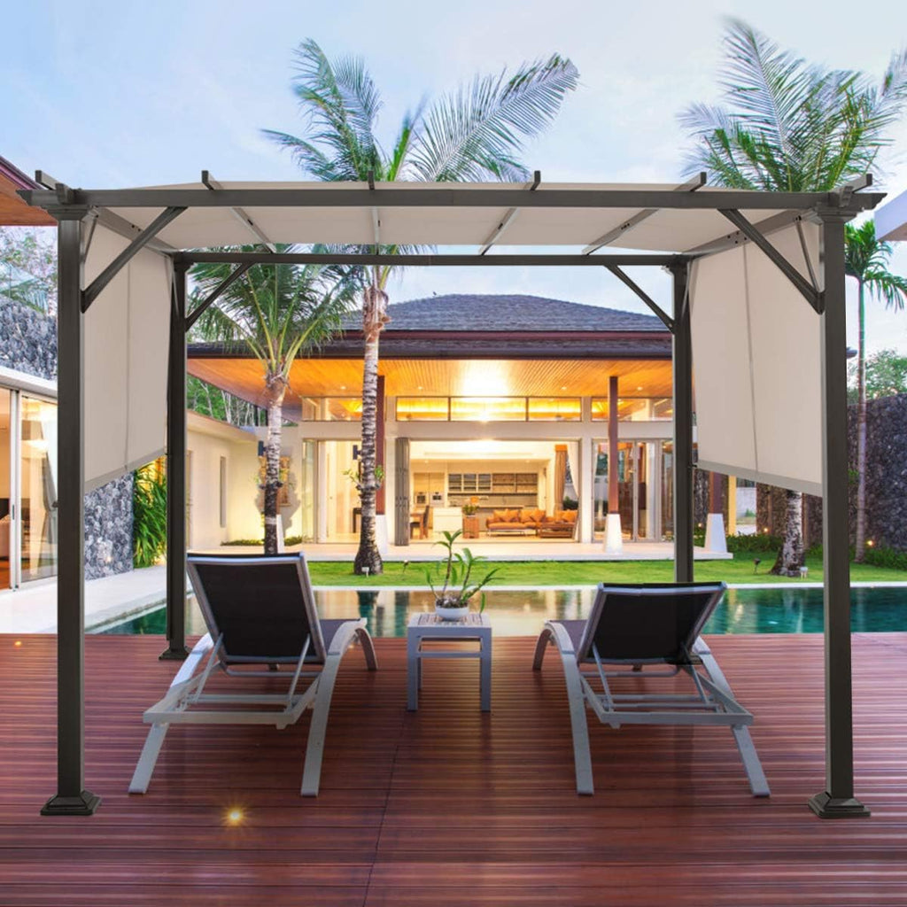 Tangkula 10x10FT Outdoor Patio Shade Structure, Steel Pergola with Retractable Canopy Shades, Rustproof Metal for Patio, Backyard, Garden (Beige)