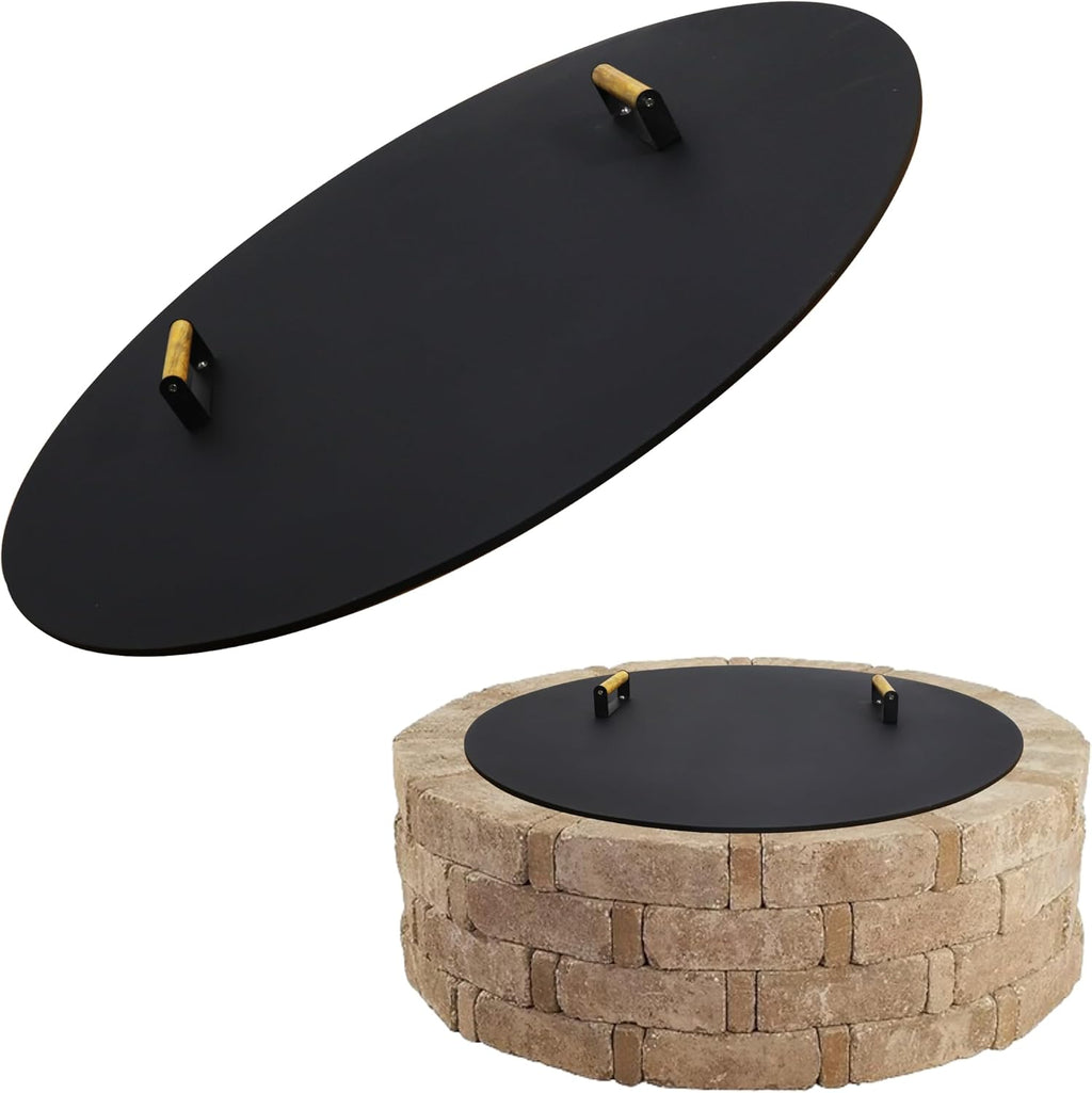 Round Fire Pit Lid - 38 inch fire Pit lid Metal W/Wooden Handles Fit for Bonfire Pits or Propane FirePit Fire Tables, Weather Resistant Outdoor Firepit & Smokeless FirePit Snuffer Lid Cover as Table