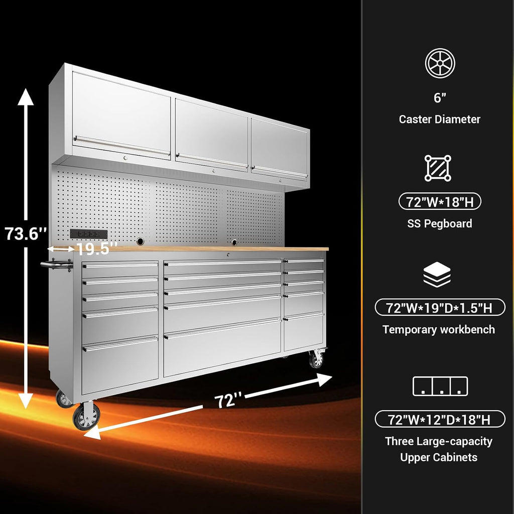 CHETTO C 72-inch Rolling Tool Chest Cabinet Mobile Workbench with 15 Storage Drawers and Wheels 3 Upper Cabinet Outlet SS Pegboard Stainless Steel Tool Box for Garage Warehouse