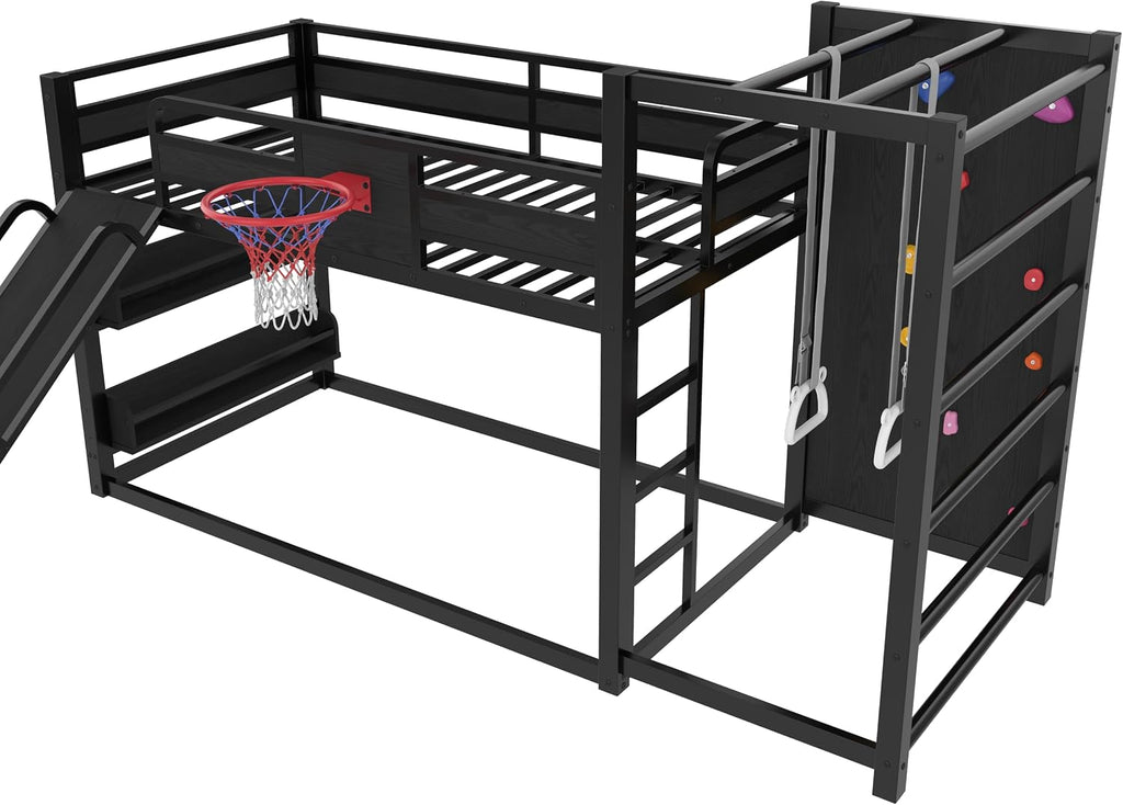 SOFTSEA Twin Size Metal Loft Bed with Slide, Heavy Duty Bunk Bed with Basketball Hoop, Climbing Wall & Pull Up Rings for Kids Teens Adults, Basketball Slide Bed, No Noise, Black