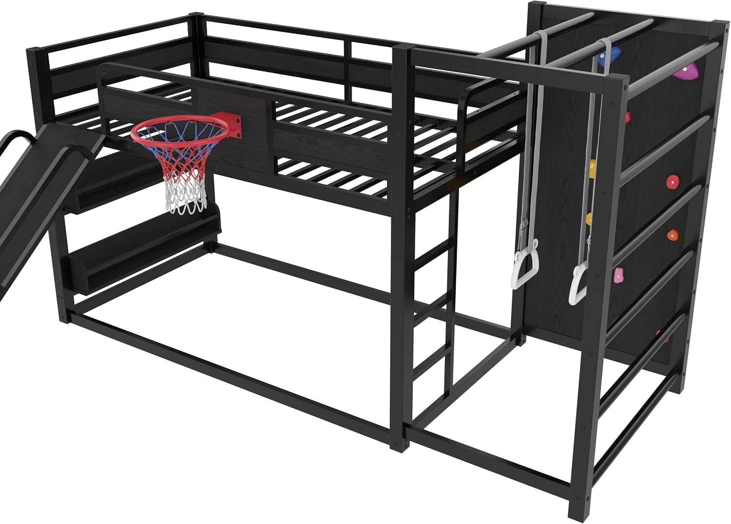 SOFTSEA Twin Size Metal Loft Bed with Slide, Heavy Duty Bunk Bed with Basketball Hoop, Climbing Wall & Pull Up Rings for Kids Teens Adults, Basketball Slide Bed, No Noise, Black