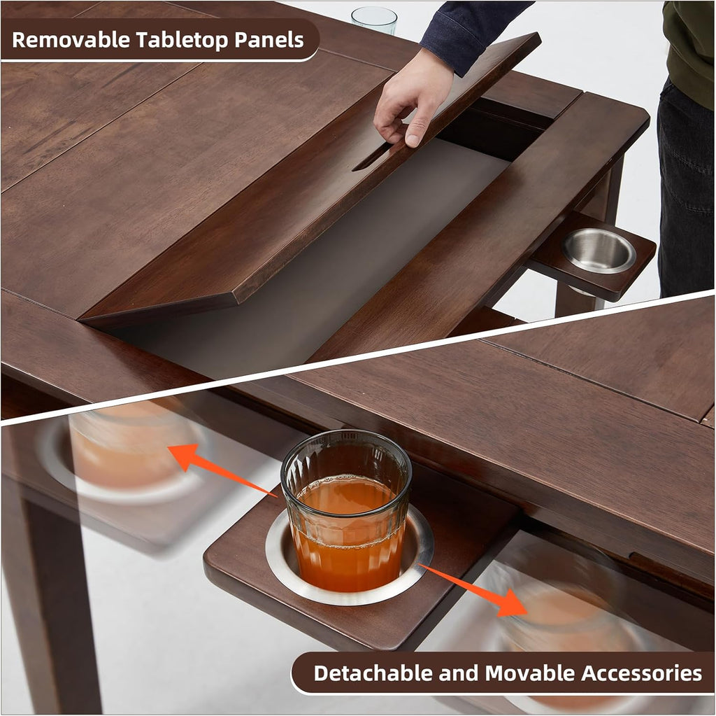 Coperat Solid Wood Board Game Table for 4-6 Players,Dining/Gaming Table w/ 54'x31' Big Gaming Space and Removable Top,Includes Game Mat, 6 Cup Holders & Hobby Tray, Warm Walnut