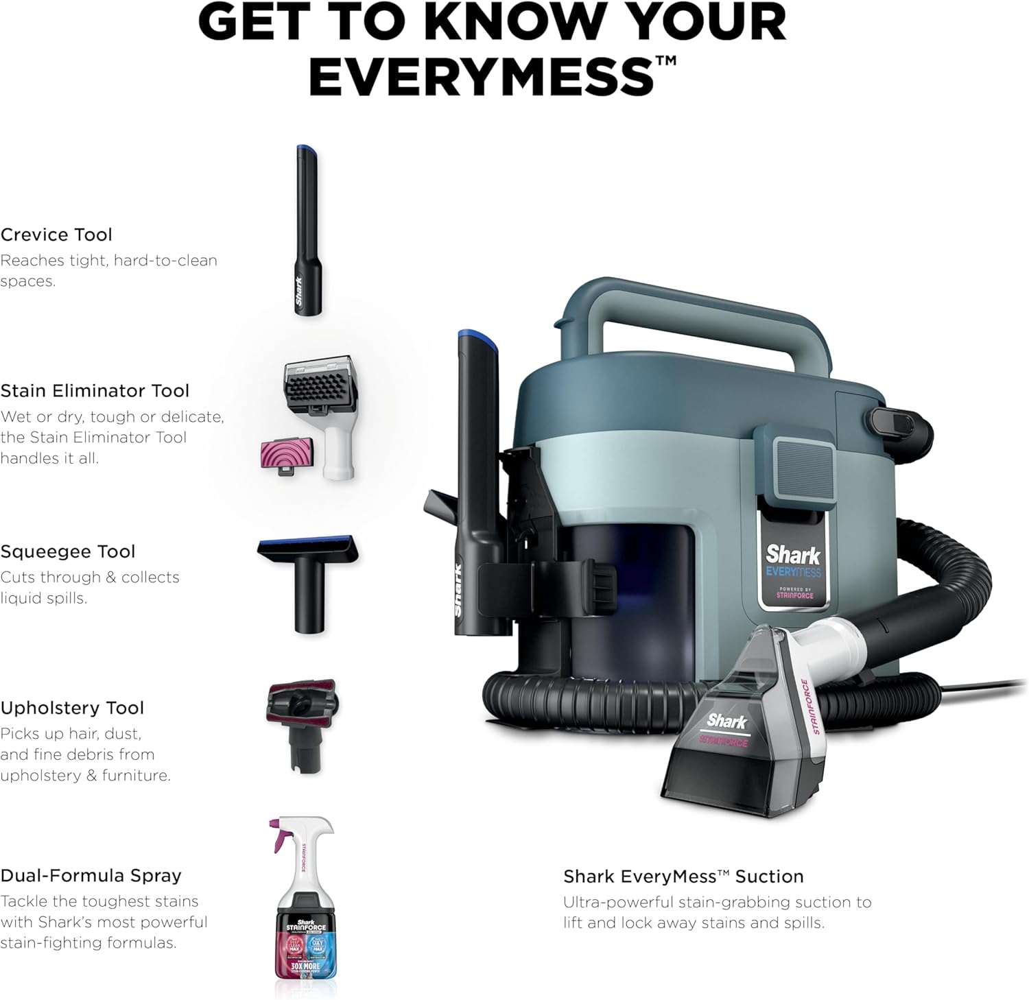 Shark EveryMess Ultra-Powerful 3-in-1 Wet Vac, Dry Vac, & Stain Eliminator with StainForce Technology, Perfect for Homes, Pets, and Cars, 3 Accessories and Cleaning Solution, Gray, VX101