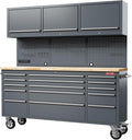 HAUTMEC 72' Rolling Tool Chest, Heavy-Duty Tool Cabinet with Wheels, Garage Workbench with 15 Drawers, 3 Upper Cabinets, Pegboard & 51 Hooks, Oak Worktop & Power Strip – HT0428