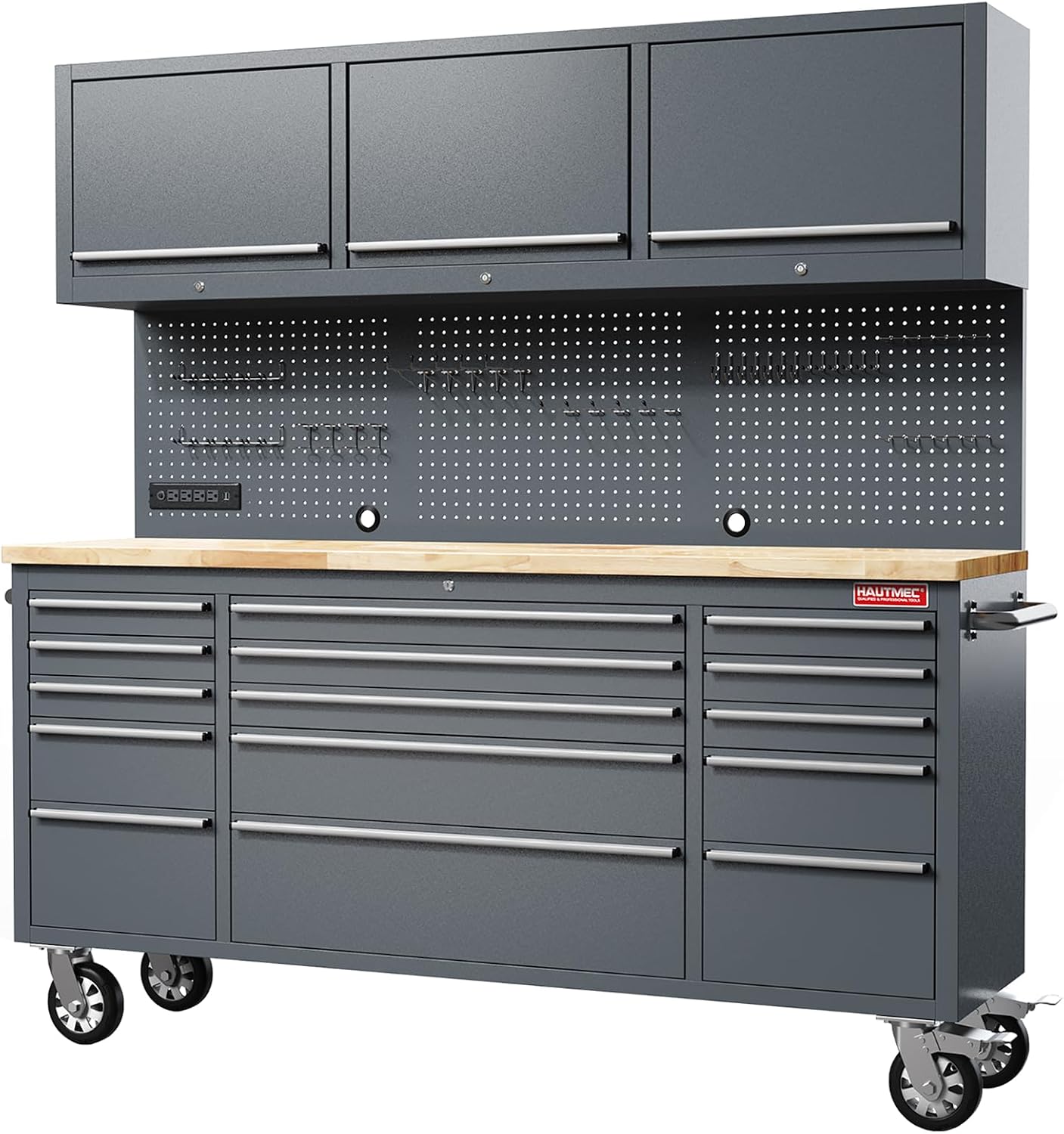 HAUTMEC 72' Rolling Tool Chest, Heavy-Duty Tool Cabinet with Wheels, Garage Workbench with 15 Drawers, 3 Upper Cabinets, Pegboard & 51 Hooks, Oak Worktop & Power Strip – HT0428