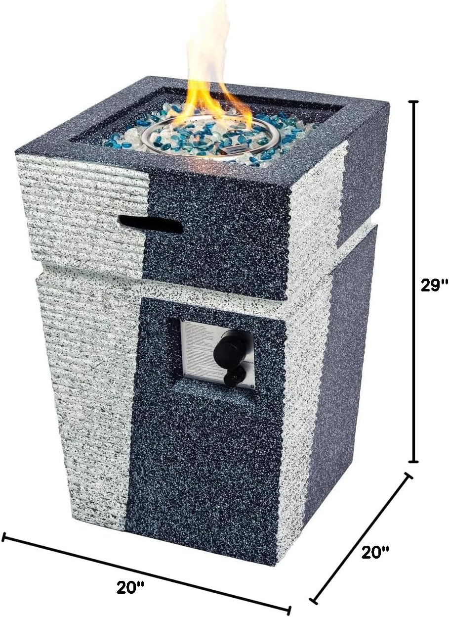 20' Outdoor Propane Gas Fire Pit Table, 40,000 BTU Auto-Ignition Concrete Gas Firepit, Magnesium Oxide Cylinder Design, Side Handles and Cover, Mix Color Glass Rocks