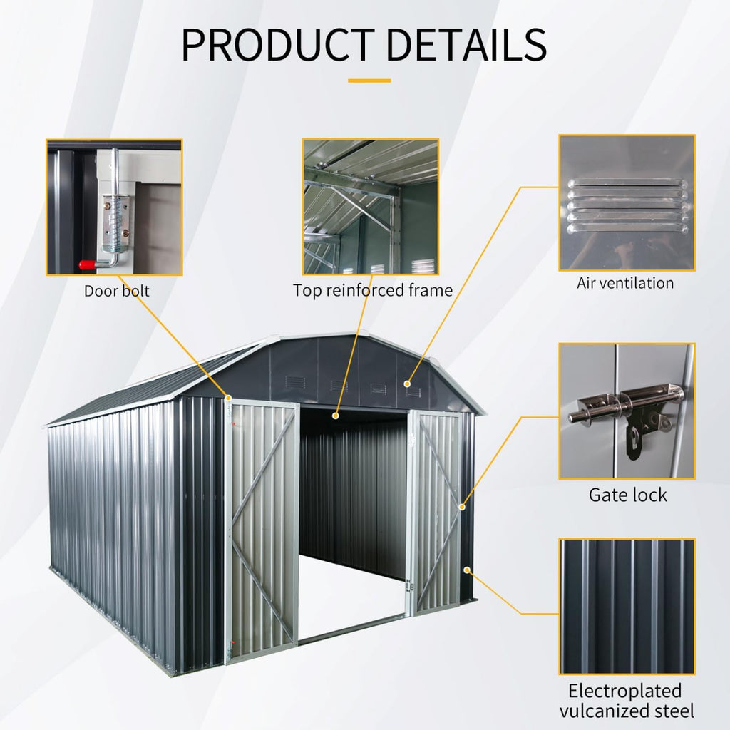 10 ft x 12 Outdoor Metal Storage Shed with Arch Roof Lockable Doors for Backyard Garden Patio Lawn, Black Iron Strong and Steel Design Lawn