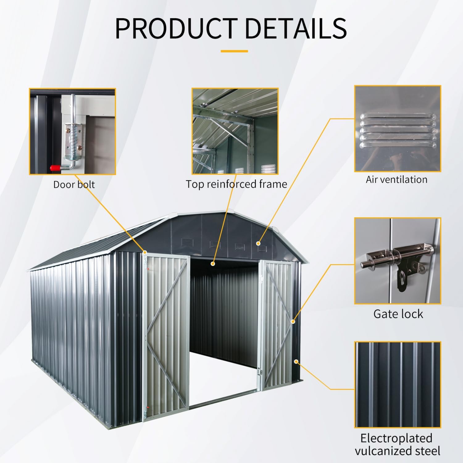 10 ft x 12 Outdoor Metal Storage Shed with Arch Roof Lockable Doors for Backyard Garden Patio Lawn, Black Iron Strong and Steel Design Lawn