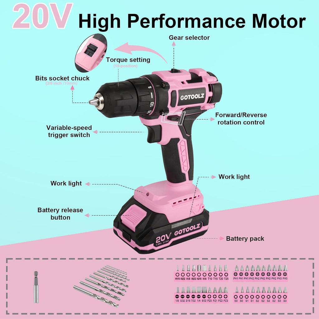 Cordless Drill Set, 293-Piece Household Tool Kit with 20V Electric Drill, Power Drill Sets Repairing Kit, Electric Screwdriver Driver Tool Kit for Home Maintenance, DIY and Crafts(Pink 2026)