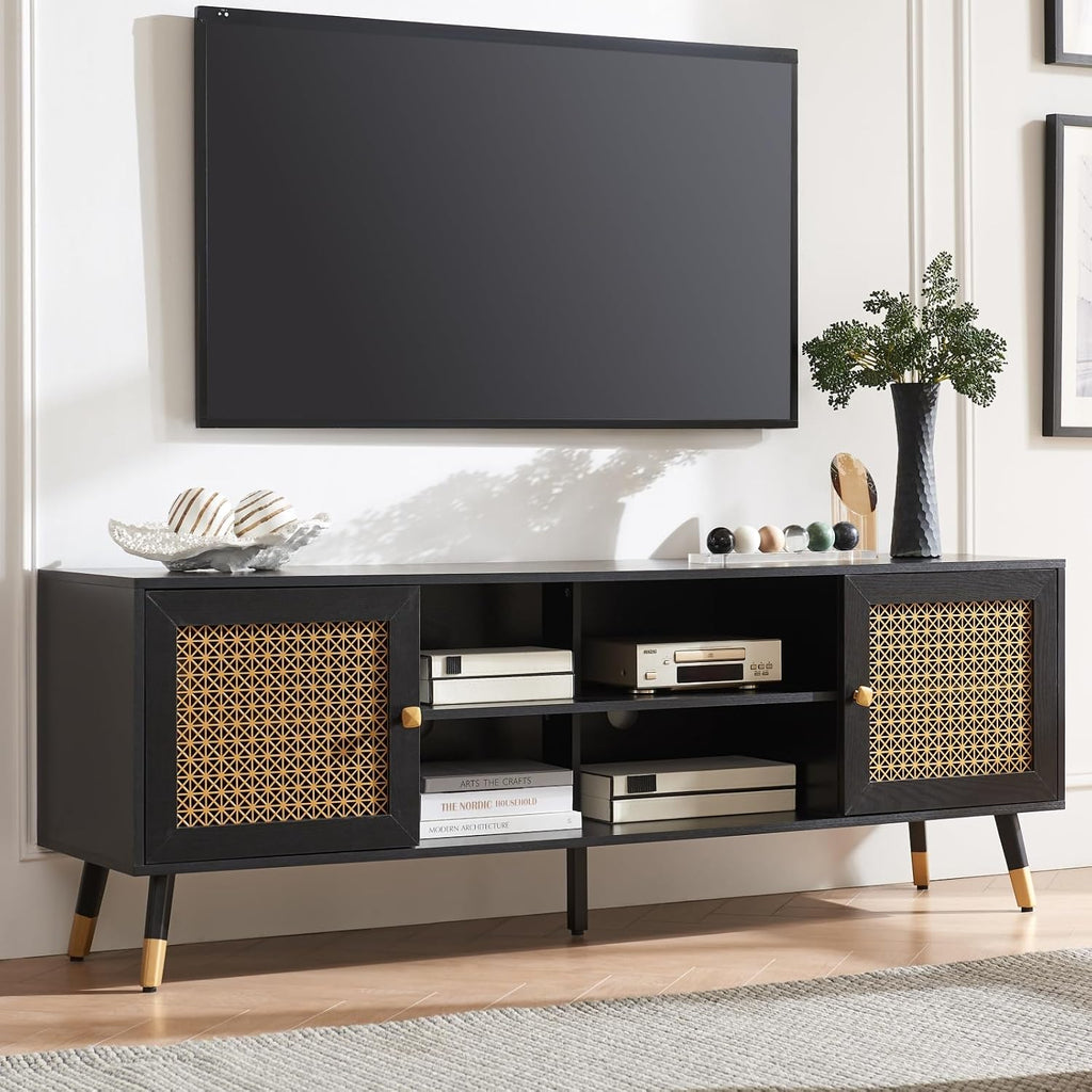 JYED DECOR Black TV Stand for 75 inch TVs, 66' Mid Century Modern Media Console, Long Entertainment Center with Storage Cabinet for Living Room