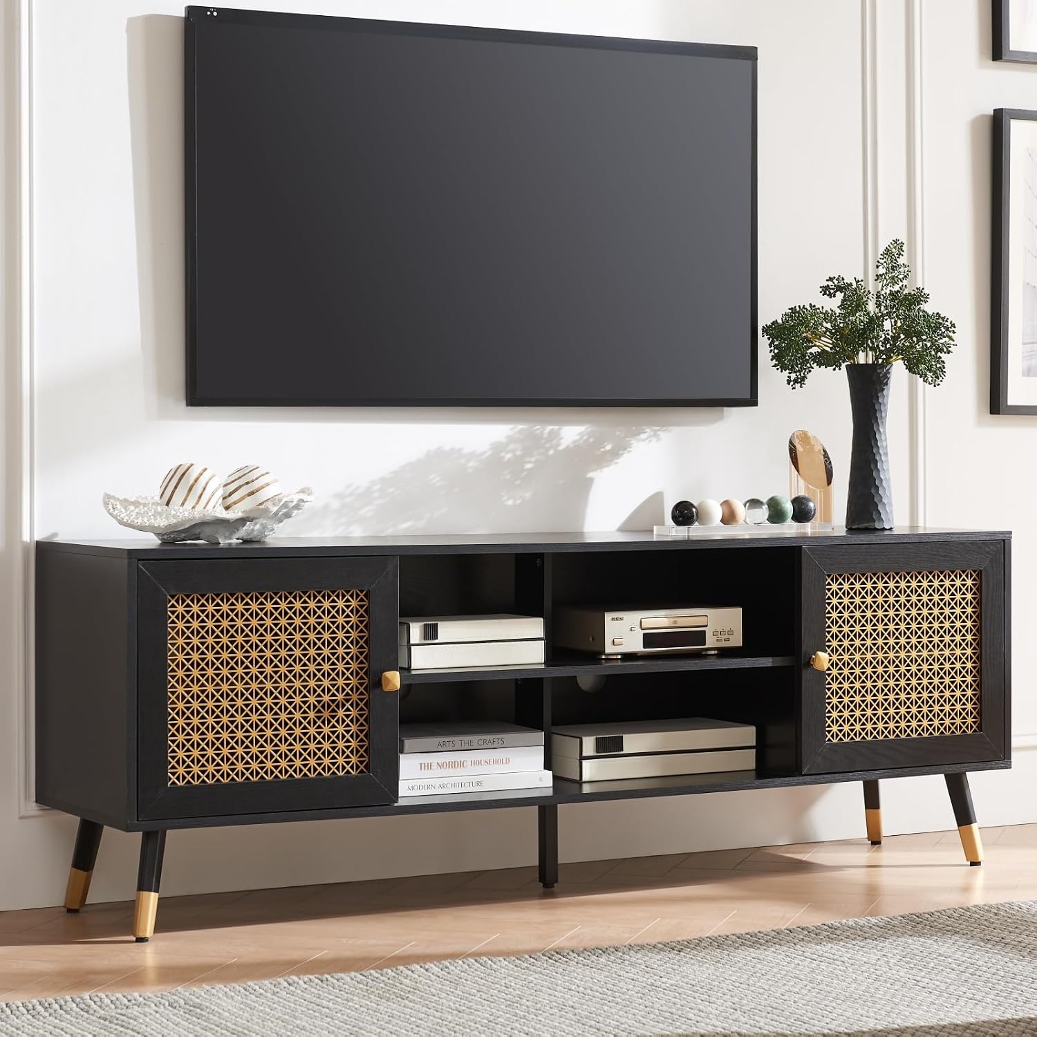 JYED DECOR Black TV Stand for 75 inch TVs, 66' Mid Century Modern Media Console, Long Entertainment Center with Storage Cabinet for Living Room