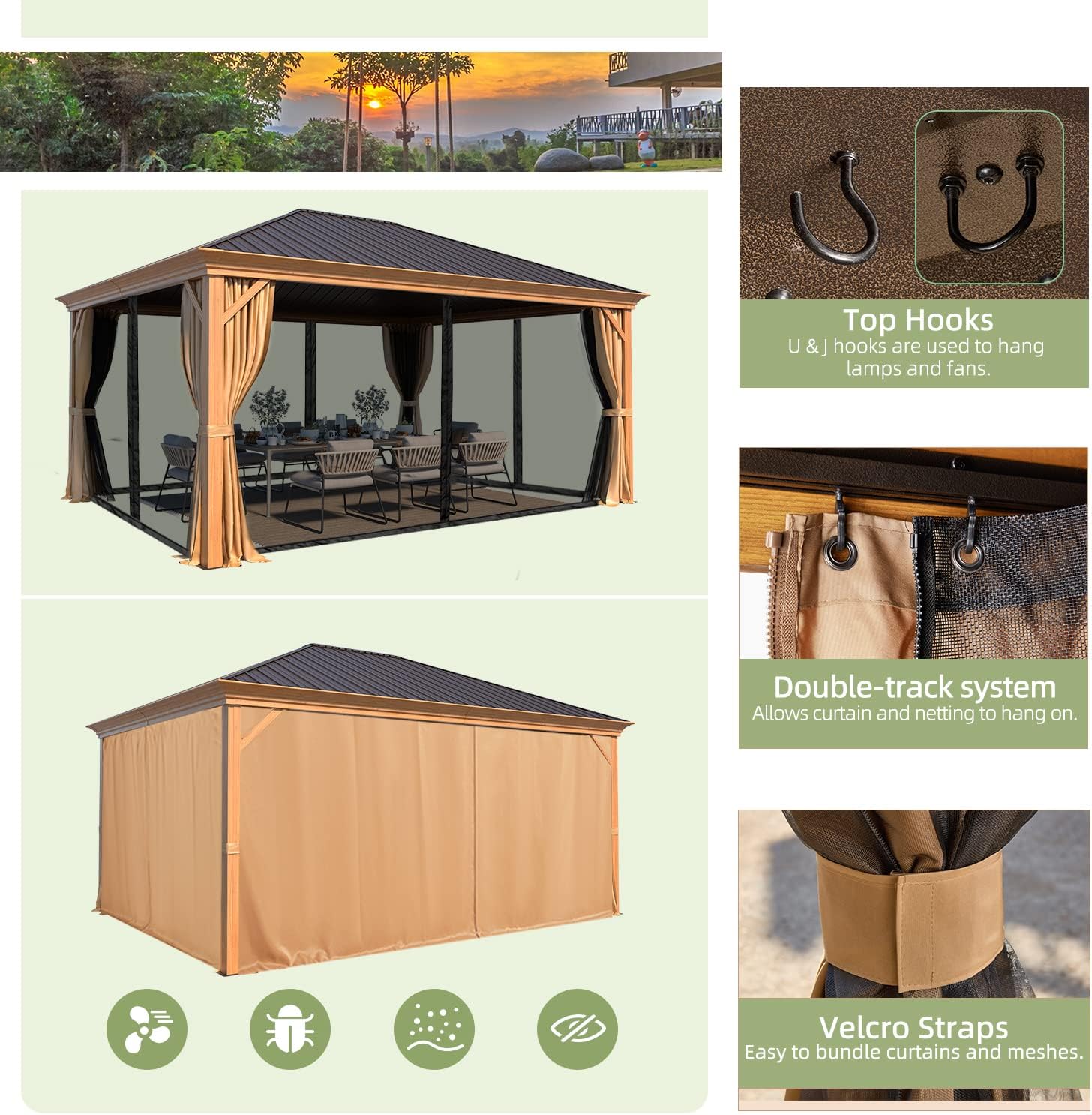 YOLENY 12' X 16' Hardtop Gazebo Galvanized Steel Outdoor Patio Canopy Permanent Gazebos with Single Roof Aluminum Frame, Netting & Curtains for Garden, Patio, Lawns, Deck