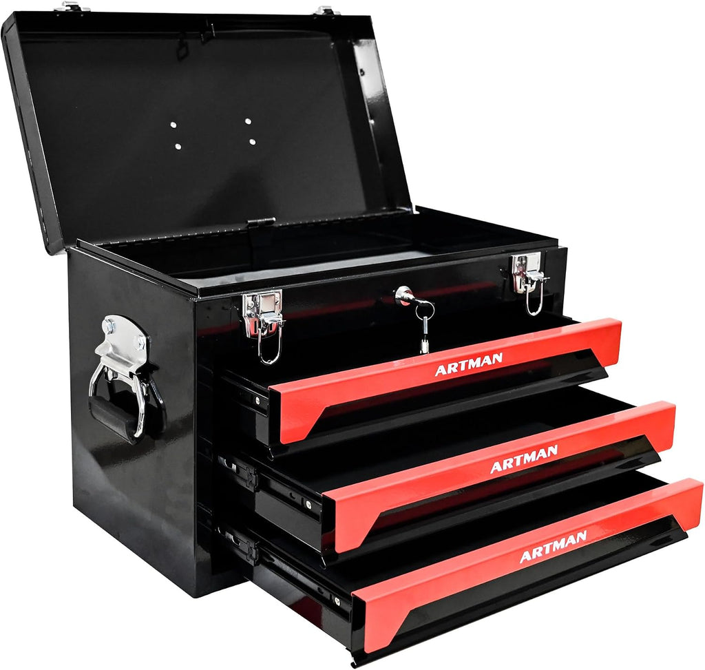 20' Portable 3 Drawer Steel Toolbox, 4 Layers of Tools with Metal Latches, with Top Storage Tray and Carrying Handle, Multi-Function Tool Storage for Garage, Home,or Workbench