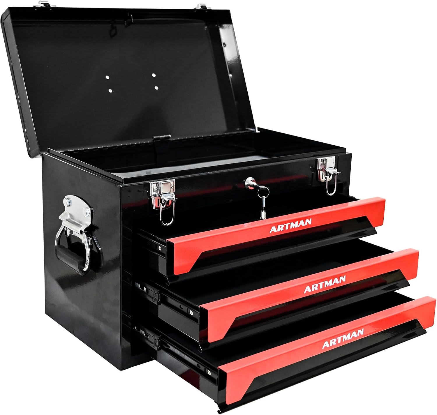 Mechanics Tool Box Organizer, Portable Tool Chest with 3 Drawers, Lockable Tool Storage Cabinet with Metal Latch Closure for Home, Garage, Warehouse, Repair Shop