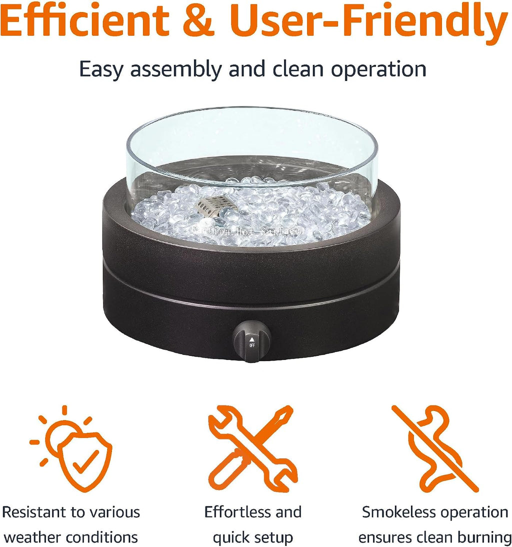 Amazon Basics 14-Inch Round Propane Fire Pit, 9000 BTU Portable Tabletop Fireplace with Glass Stones, Umbrella Hole Compatible for Outdoor Patio Tables, Gas Fire Pit for Dining, Brown