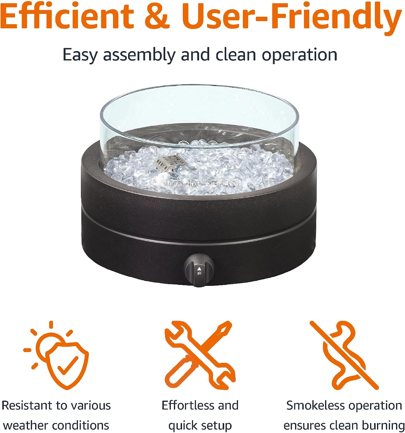 Amazon Basics 14-Inch Round Propane Fire Pit, 9000 BTU Portable Tabletop Fireplace with Glass Stones, Umbrella Hole Compatible for Outdoor Patio Tables, Gas Fire Pit for Dining, Brown