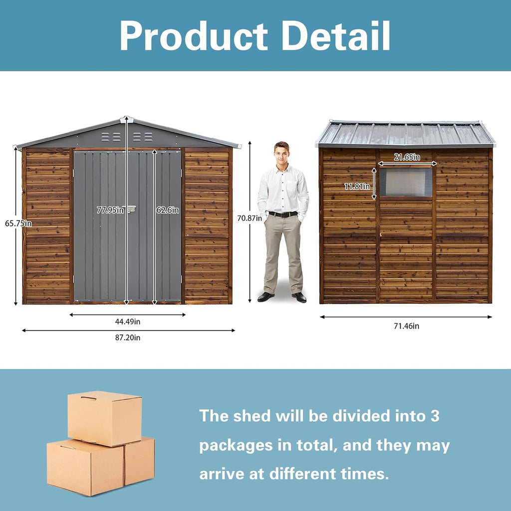 6x8 FT Outdoor Tool Shed, Wood-Iron Combination Storage Shed with Ventilation, Weather-Resistant Roof, Lockable Doors & Wood Grain Finish for Backyard and Garden