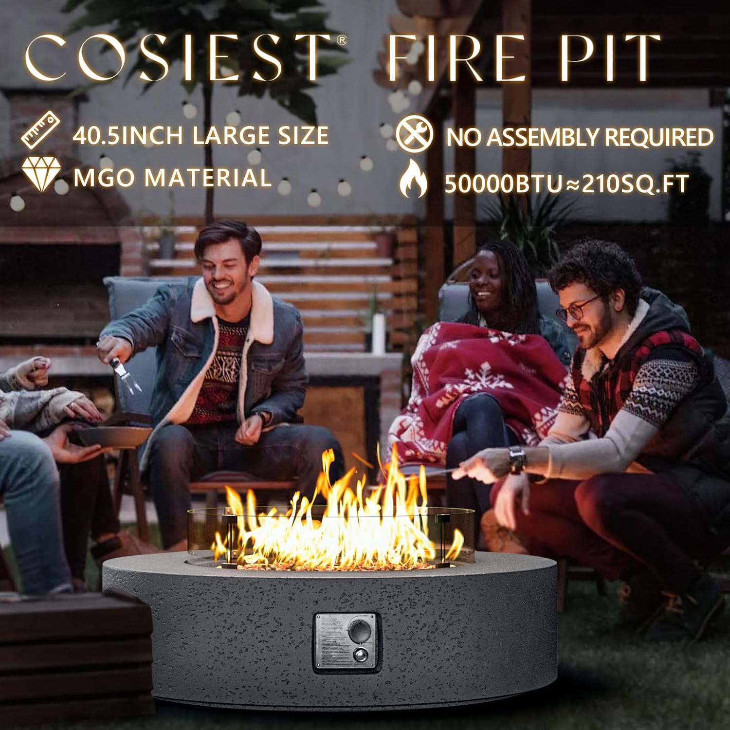 COSIEST 42 inch Outdoor Propane Fire Pit Coffee Table w Concrete Round Base Patio Heater, Certified, 50,000 BTU Stainless Steel Burner, Free Lava Rocks, Rain Cover, Wind Guard, Tank Cover, Gray