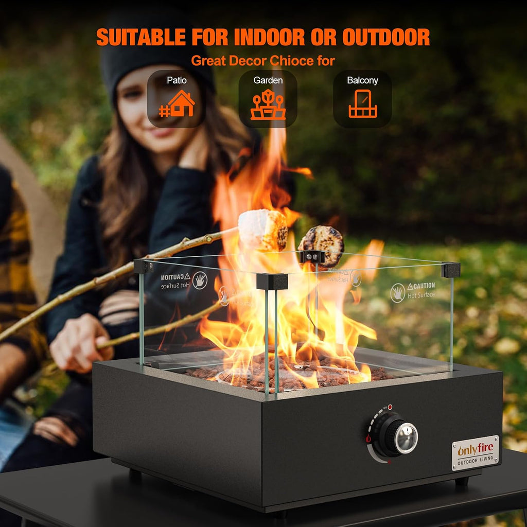 15.7' Portable Propane Gas Fire Pit Side-Mounted, Modern Tabletop Fireplace Smokeless Firepit with Glass Wind Guard for Patio Camping RV Tailgating, 23000BTU, Squre FP040