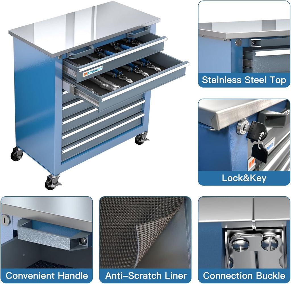 LARBANKE 7-Drawer Rolling Tool Chest with Stainless Steel Countertop,Tool Chest with Secure Locking System,Tool Cabinet with 360°Wheels and Padded Feet,for Home, Garage and Office