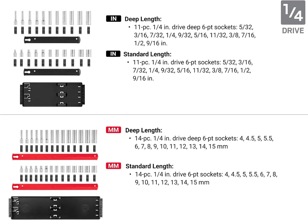 TEKTON 1/4, 3/8, 1/2 Inch Drive 6-Point Socket Set with Rails and Trays (214-Piece) | SHD99202