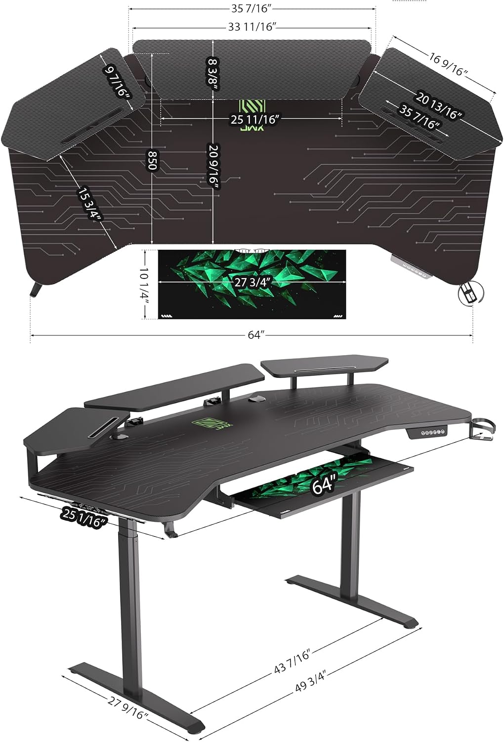 JWX 72' Height Adjustable Gaming Desk, 3-Zone Creator Workstation with Acrylic RGB Lighting, Keyboard Tray & Full Desk Mouse Pad, Dual Motor Sit Stand Desk for Streaming, Studio & Home Office