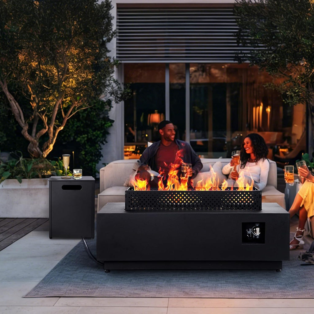 42 Inch Propane Fire Pit Table, 3-piece Outdoor Rectangular Fire Pit, 50,000BTU Firepits for Outside Patio with Hidden Tank Table, Griddle, Wind Guard, Lid, Black