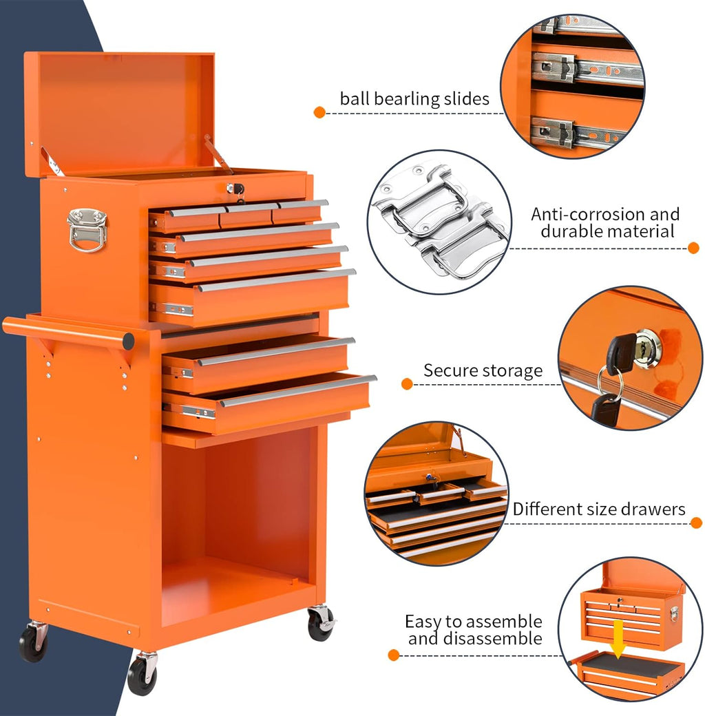 8-Drawer Rolling Tool Box, Lockable Rolling Tool Chest with Wheels and Drawers, 2 in 1 Large Capacity Storage Tool Cabinet for Warehouse, Garage, Tool Room and Repair Shop (Orange)