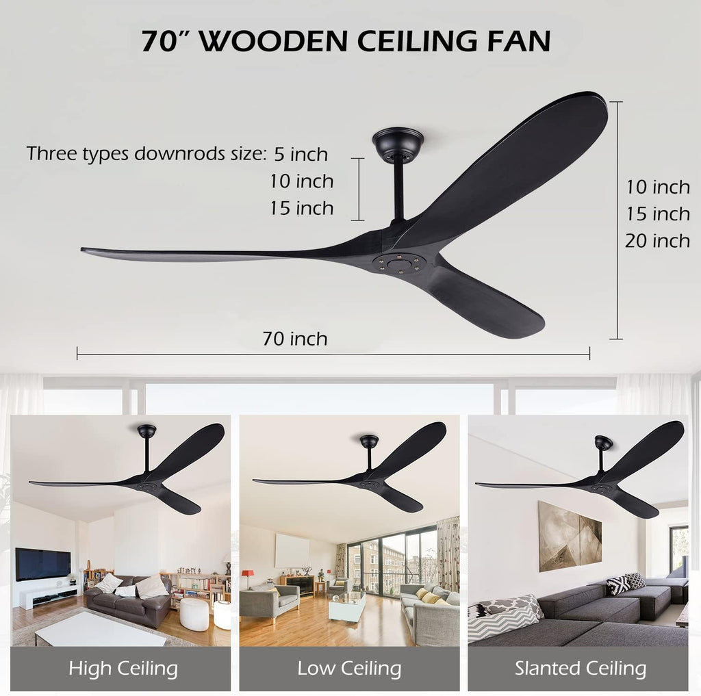 72 Inch Black Ceiling Fan No Light ，Wood Outdoor Ceiling Fans for Patios Living Room Gazebo Mid Century Modern Exterior Extra Large Waterproof Ceiling Fan without Light with Downrod