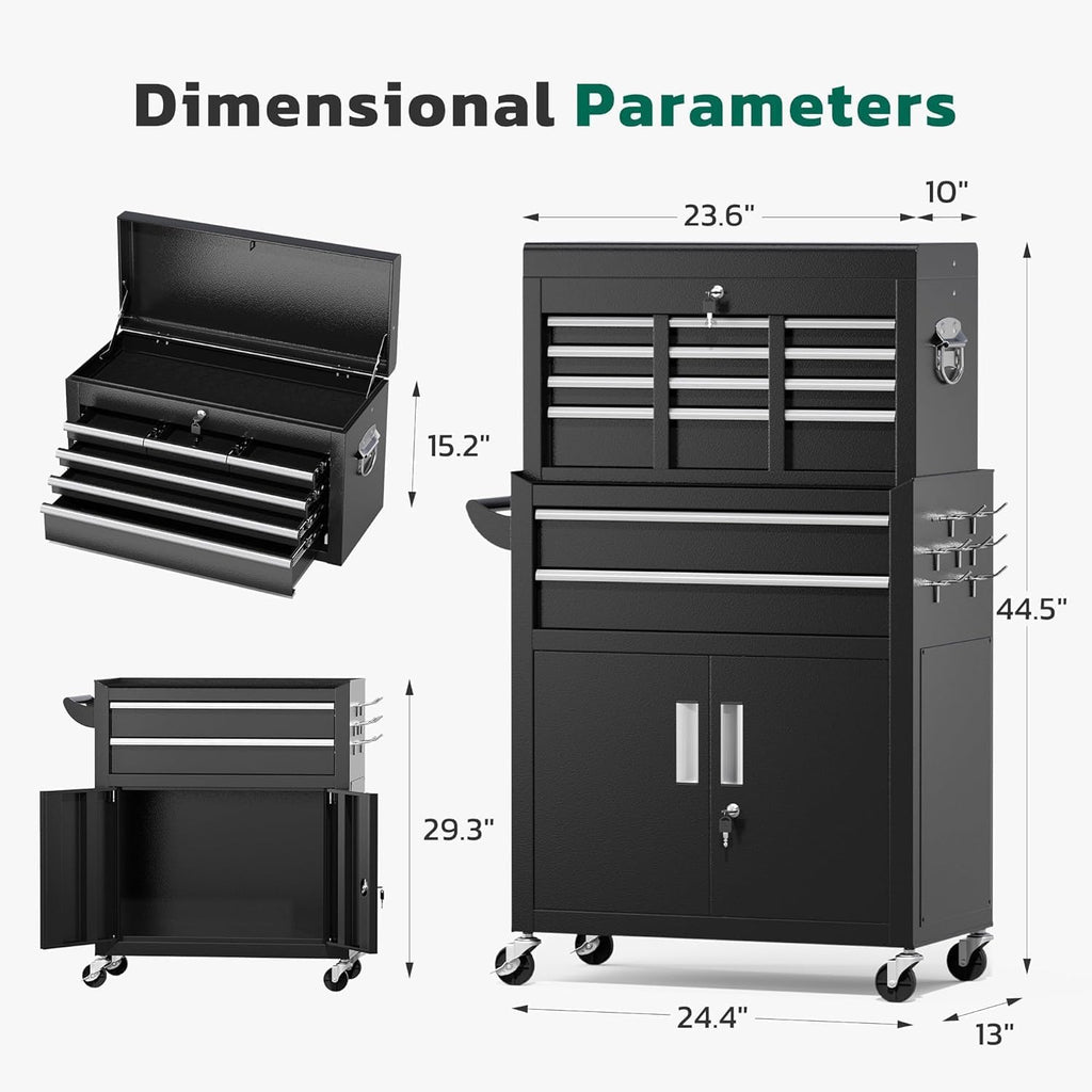 Greenvelly Tool Chest, 8-Drawer Rolling Tool Chest with Wheels, Detachable Top Tool Box, Assembled Tool Chest with Liner & Hooks, Rolling Tool Box for Garage, Workshop, Warehouse, Black