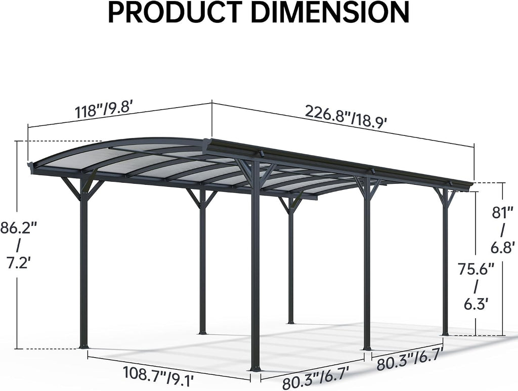 Real Relax Carport 10 x 19 ft Heavy Duty Metal, Multi-Use Shelter with Aluminum Arch-Roof with Polycarbonate Panel for Cars, Boats & Shade, Grey