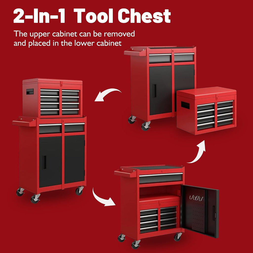 5-Drawer Rolling Tool Chest & Cabinet With Detachable Top Box - Heavy-Duty Metal Tool Cart With 4 Hooks, Lockable Drawers & 4 Wheels For Garage, Workshop, And Automotive Organization, (Red)