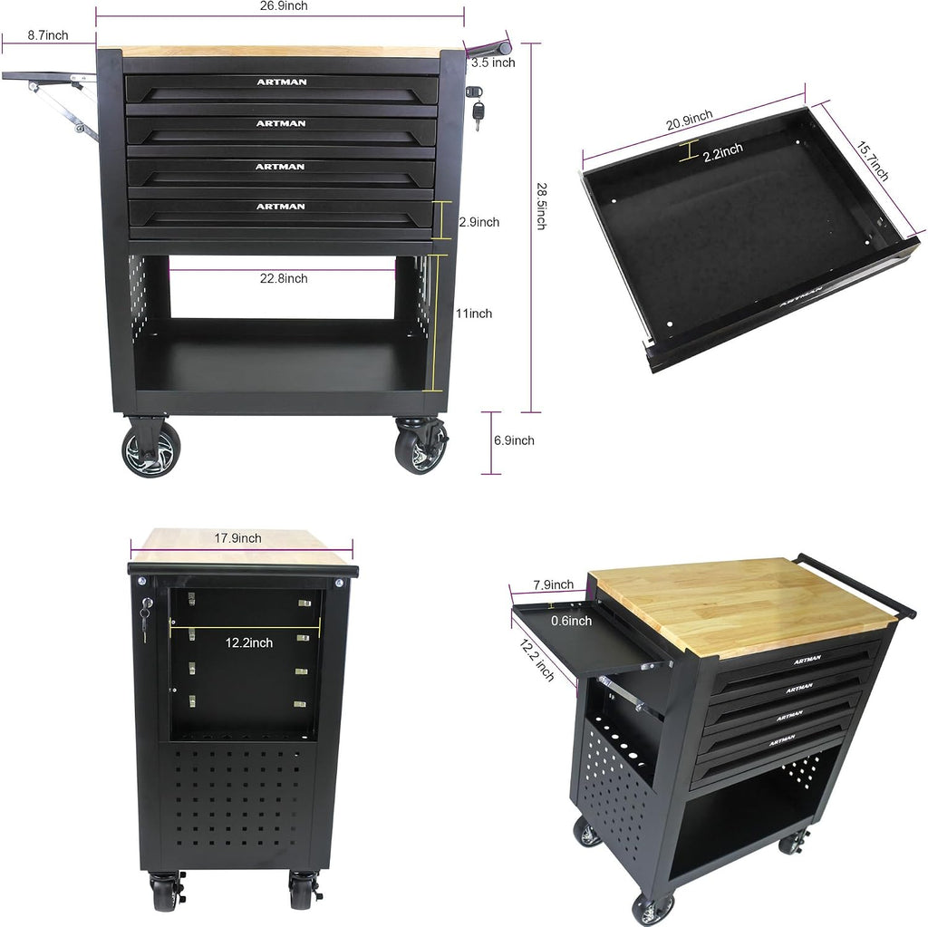 JOYBASE Rolling Tool Chest with 4 Drawers & Wood Top, Heavy Duty Steel Tool Cart on Wheels, Mobile Garage Organizer & Storage Cabinet for Workshop & Mechanic (Black)