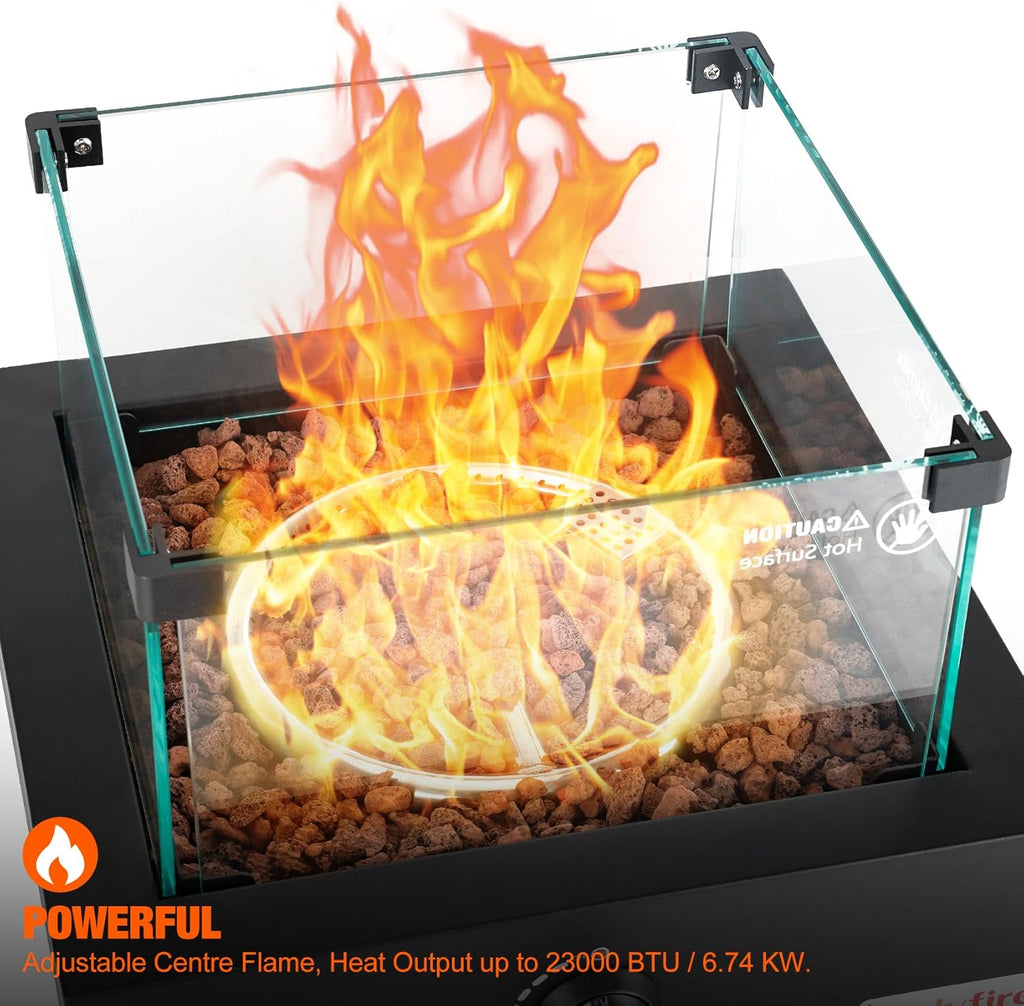 15.7' Portable Propane Gas Fire Pit Side-Mounted, Modern Tabletop Fireplace Smokeless Firepit with Glass Wind Guard for Patio Camping RV Tailgating, 23000BTU, Squre FP040