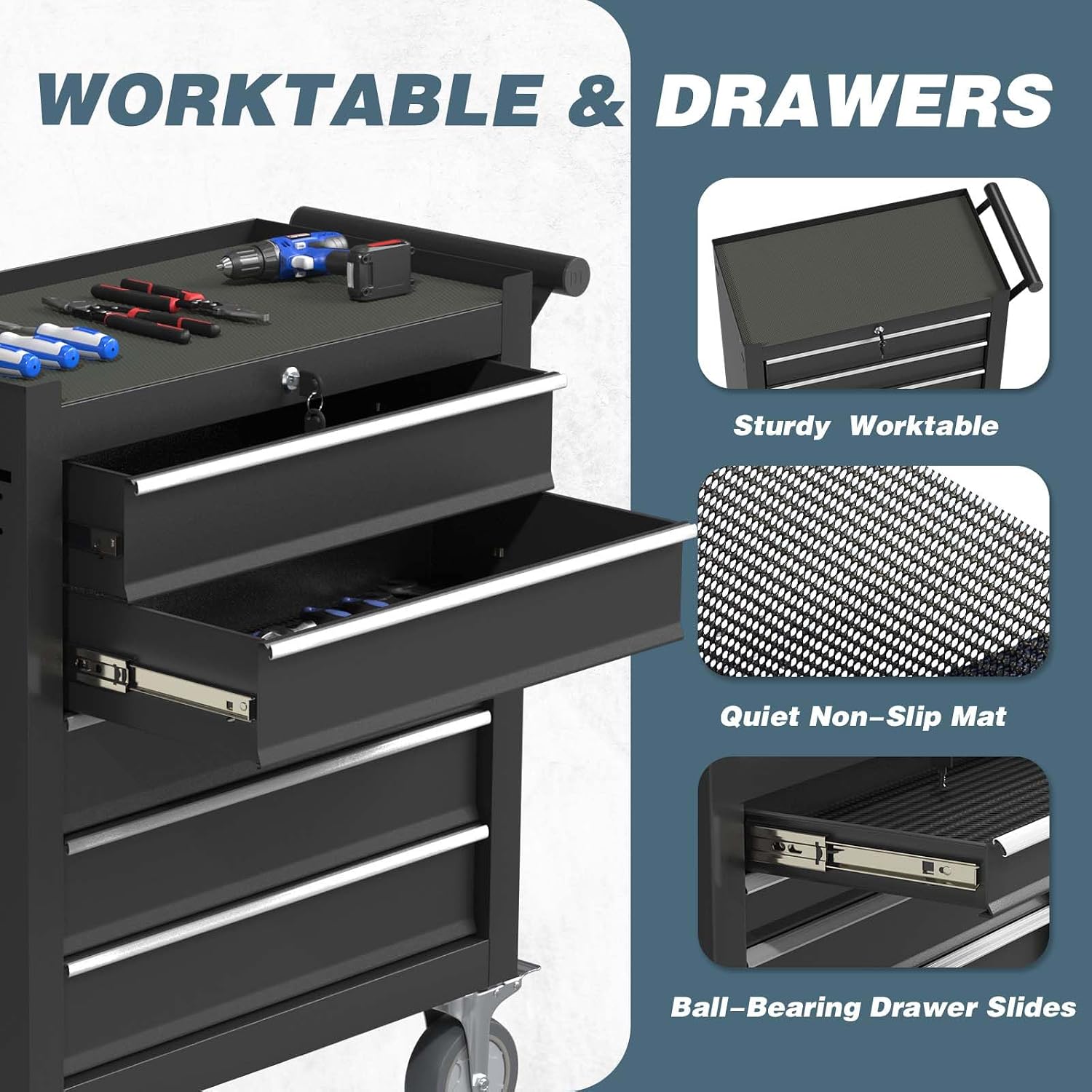 5-Drawer Tool Chest, Rolling Tool Box with Wheels, High Capacity Detachable Mobile Tool Storage Cabinet for Workshop, Garage, Mechanics and Repair Room (Black, 5-Drawer)