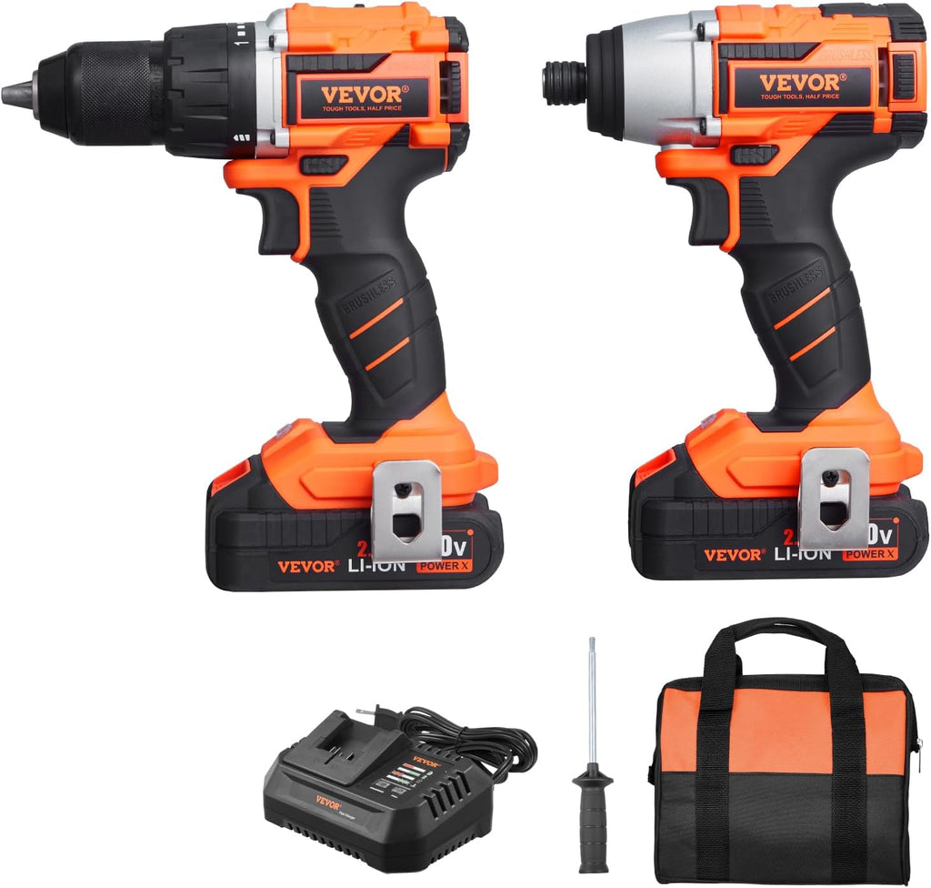 VEVOR Tool Combo Kit, 20V Max Cordless 2-Tool Combo Kit, with 1/2 in Impact Drill, 1/4 in Impact Driver, Compact Cordless Power with 4.0 Ah Batteries, Screws, Charger, and Cloth Bag