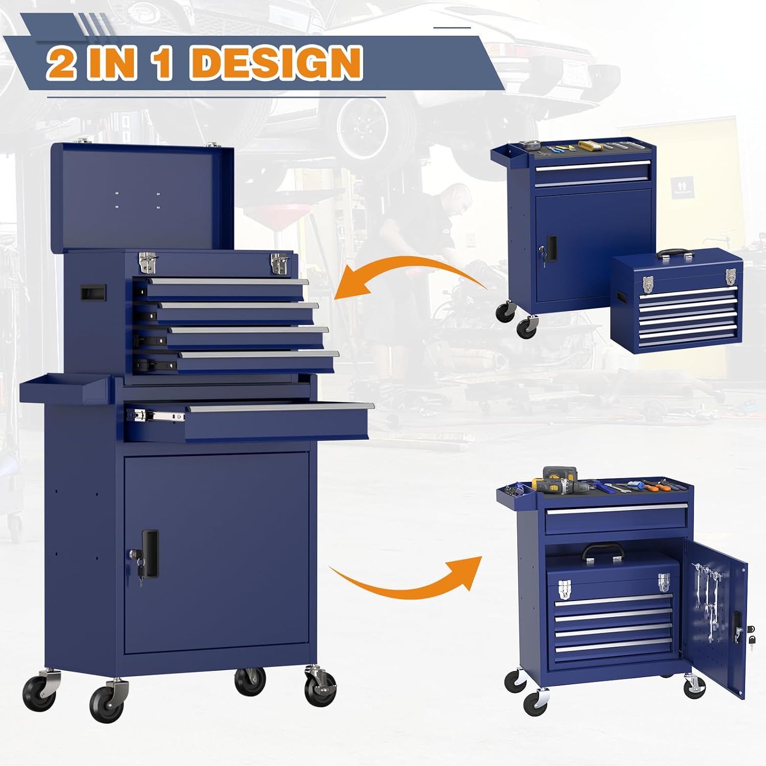 Tool Chest, 5-Drawer Rolling Tool Chest with Detachable Top Tool Box, Tool Box with Wheels, Tool Storage Cabinet for Garage, Warehouse, Workshop (Blue)