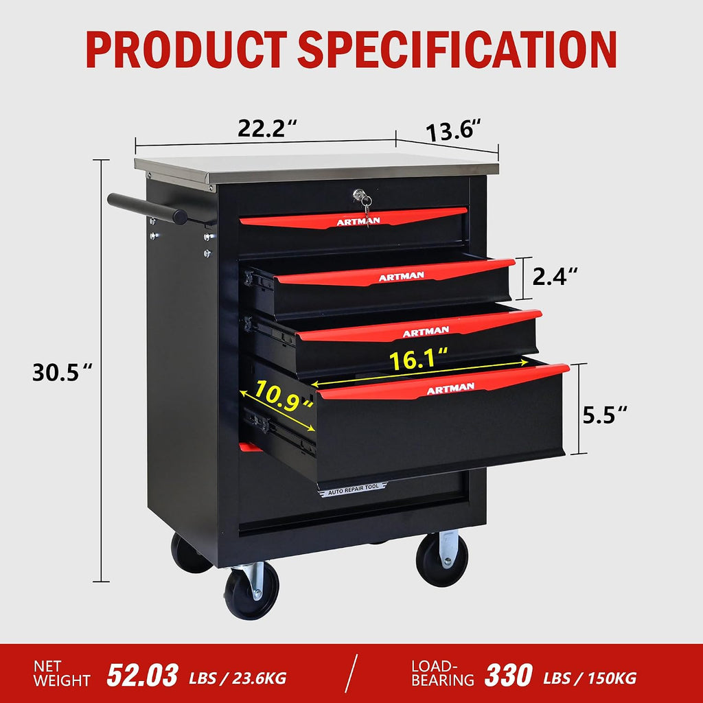 5 Drawers Tool Cart on Wheels with Stainless Steel Worktop, Heavy Duty Mobile Rolling Drawer Tool Chest with Locking Wheels & Lockable Drawers, Garage Tool Storage Cabinet (Black, 5 Drawers)
