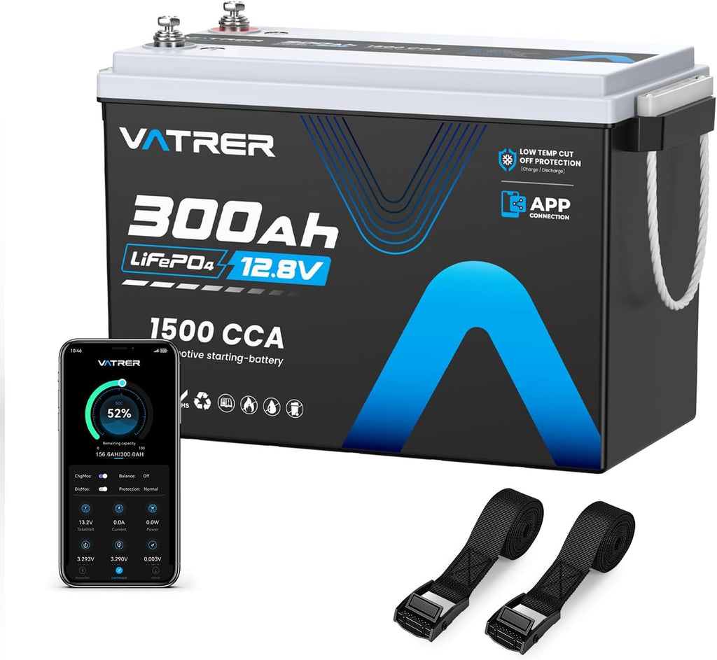 12V 300Ah Lithium LiFePO4 Battery with APP Monitoring, 200A BMS Rechargeable Starting Battery with 2PCS Battery Tie Down Straps, Perfect for RVs, Solar, Boats, Off-Grid,Home Energy Storage